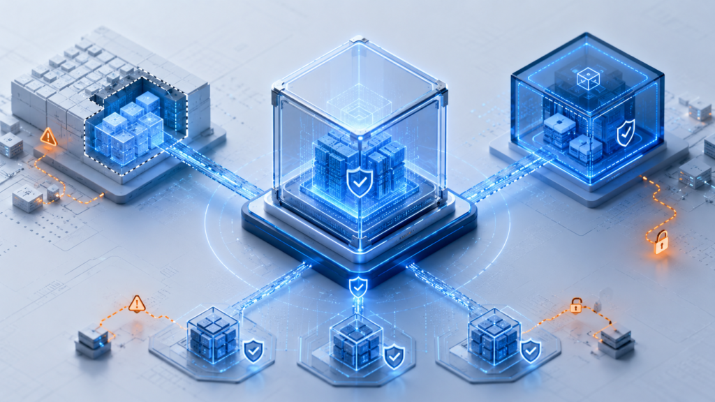Abstract cloud infrastructure paths converging into a protected compute chamber, representing confidential computing and data-in-use protection.