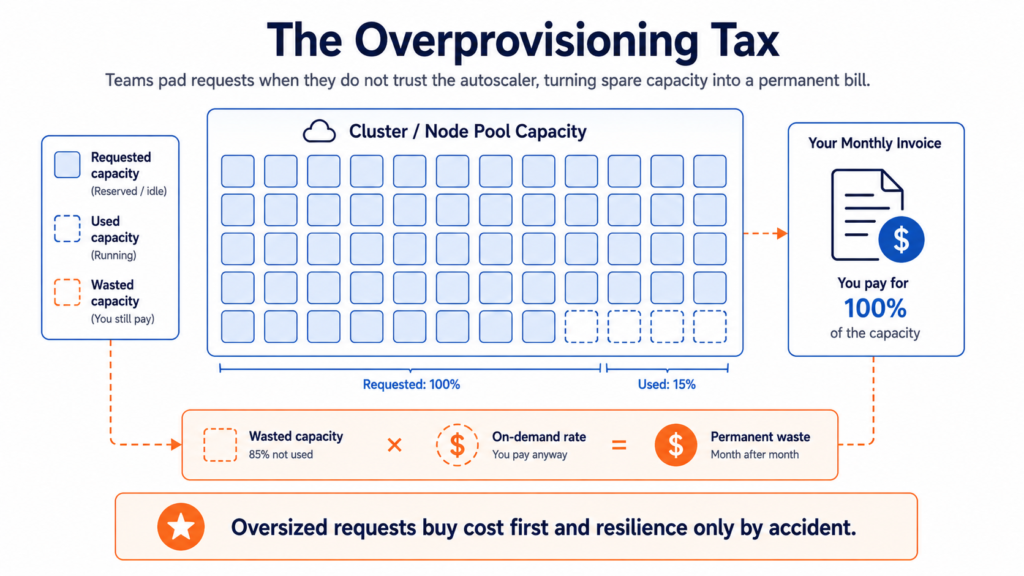Diagram showing a cluster with most requested capacity sitting unused while the full infrastructure cost is still paid.