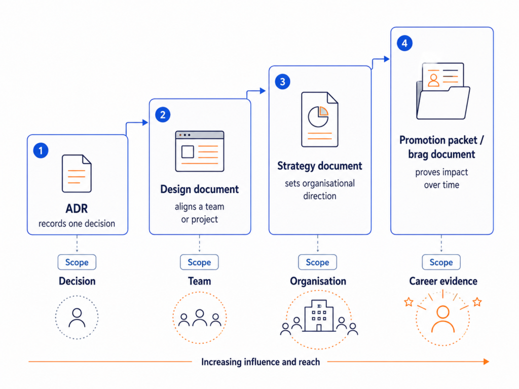 Four-stage progression from ADRs to design documents, engineering strategy and promotion evidence as an engineer’s influence increases.