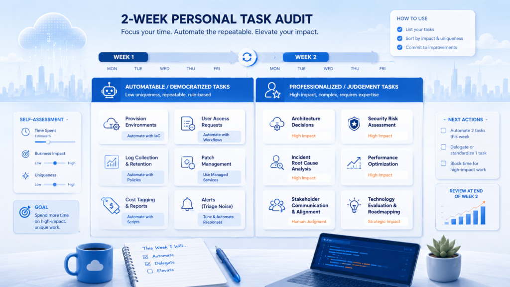 Two-week task audit board for cloud engineers, separating automatable routine work from judgement-heavy tasks such as architecture decisions, risk assessment and stakeholder alignment.