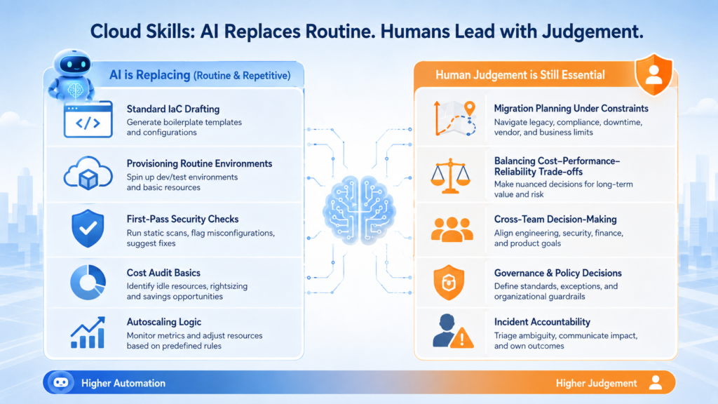 Comparison diagram showing routine cloud skills such as IaC drafting and cost audits on the automation side, and migration planning, governance and incident accountability on the human judgement side.