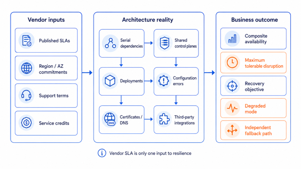 Three-stage resilience diagram showing vendor inputs such as published SLAs feeding into architecture realities like serial dependencies, shared control planes and configuration errors, which then determine business outcomes such as composite availability, maximum tolerable disruption, degraded mode and independent fallback paths.