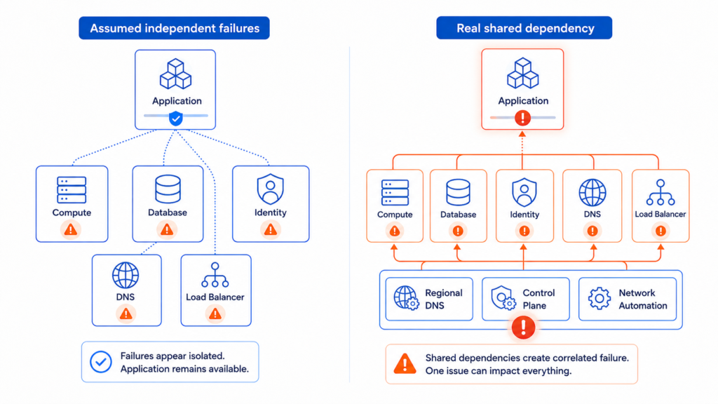 Side-by-side diagram comparing assumed independent cloud service failures with a real shared dependency failure, showing how a shared control plane or DNS layer can cause correlated outages across multiple services.