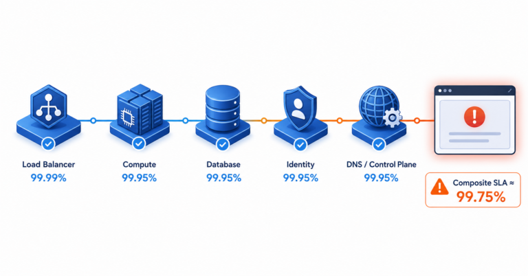 Composite cloud SLA illustration showing five serial service dependencies reducing availability from individual 99.95%–99.99% SLAs to a composite SLA of approximately 99.75%.