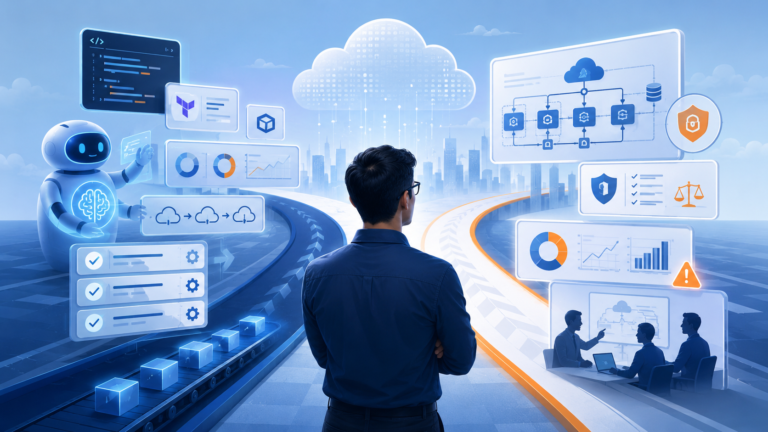 Cloud engineer facing two paths, with AI automating routine cloud tasks on one side and architecture, governance and judgement-heavy work on the other.