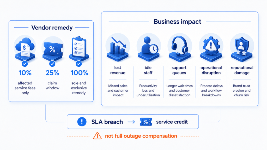 Comparison diagram showing limited vendor SLA remedies such as service credits and claim windows alongside larger business impacts including lost revenue, idle staff, support queues, operational disruption and reputational damage.
