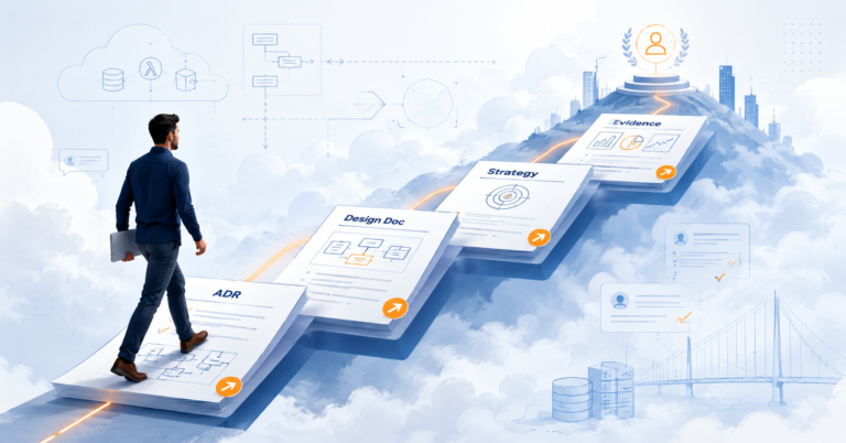 Cloud engineer follows a pathway of ADRs, design documents, strategy and career evidence towards a Principal engineering role.