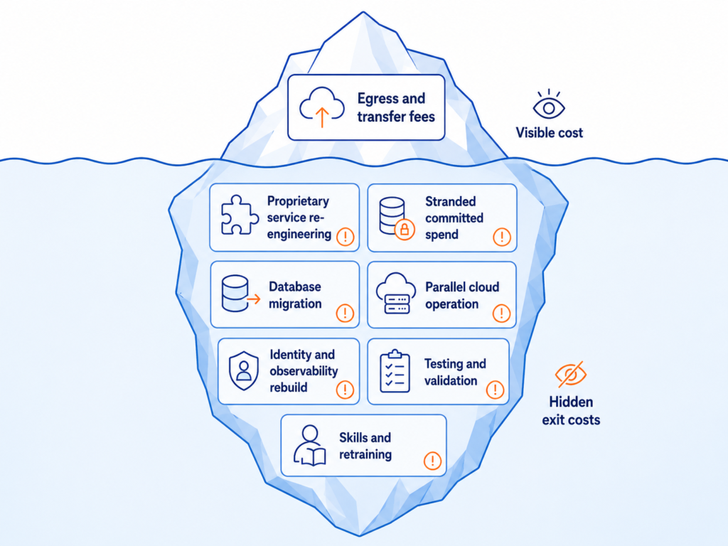 Iceberg diagram showing egress and transfer fees as the visible cost above the surface, with larger hidden exit costs below including re-engineering, database migration, parallel running, testing, and retraining