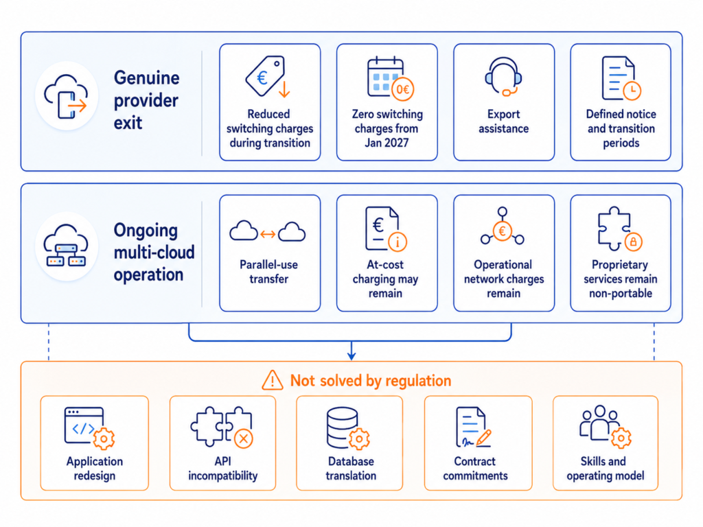 Diagram comparing genuine provider exit rights under the EU Data Act with ongoing multi-cloud operation costs, showing what regulation reduces and what architectural problems still remain