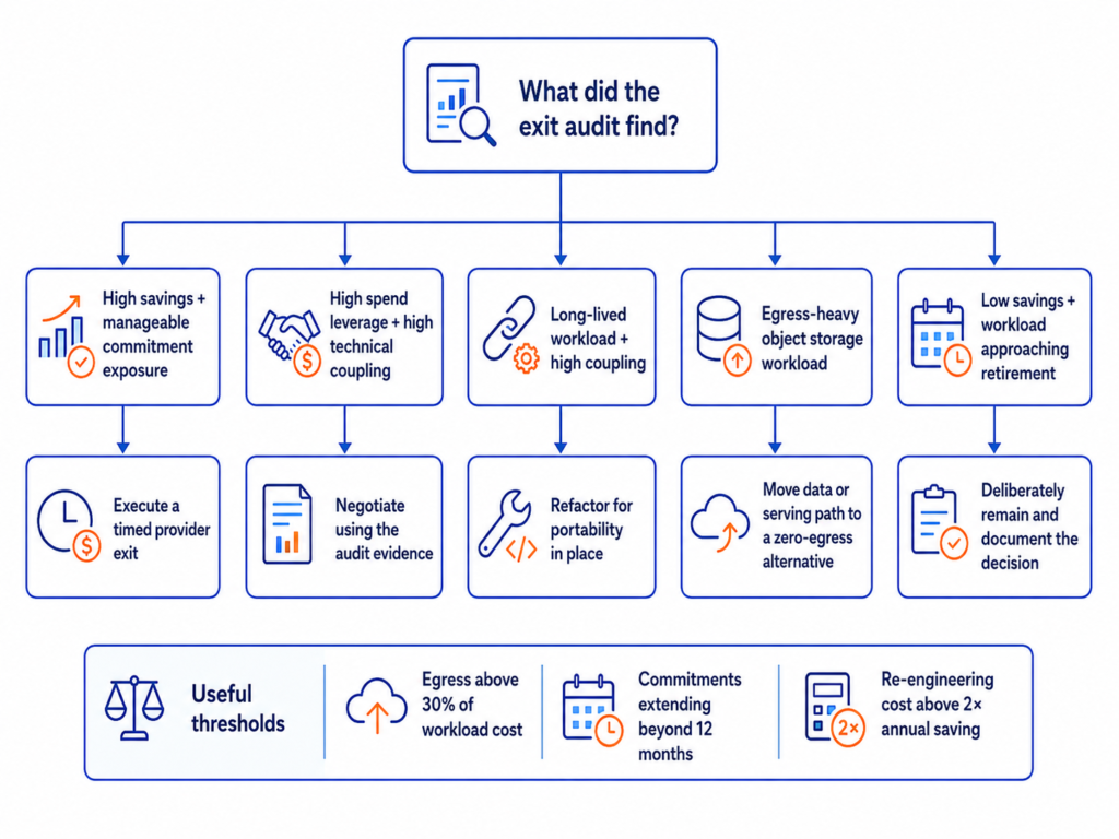 Decision framework for cloud exit planning showing when to exit, negotiate, refactor, move data, or remain in place based on savings, commitments, coupling, and workload characteristics