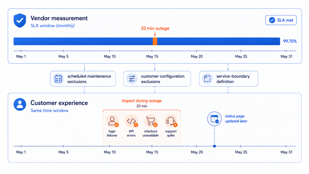 Timeline diagram comparing vendor SLA measurement over a monthly window with customer experience during a 20-minute outage, showing exclusions, delayed status-page updates and visible customer impact such as login failures, API errors and checkout disruption.