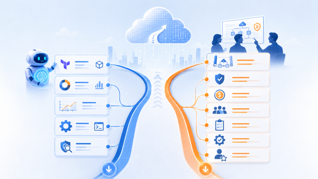 Split-path cloud career diagram showing routine tasks moving toward AI automation and higher-value work moving toward architecture, governance and stakeholder judgement.