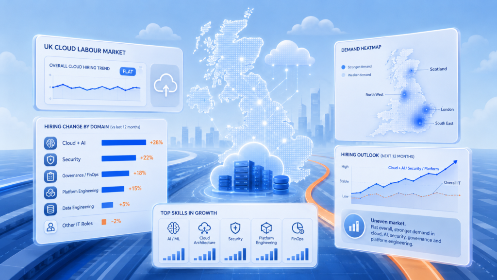 Dashboard-style illustration of the UK cloud labour market showing flat overall hiring but stronger demand in AI, security, governance and platform engineering roles.