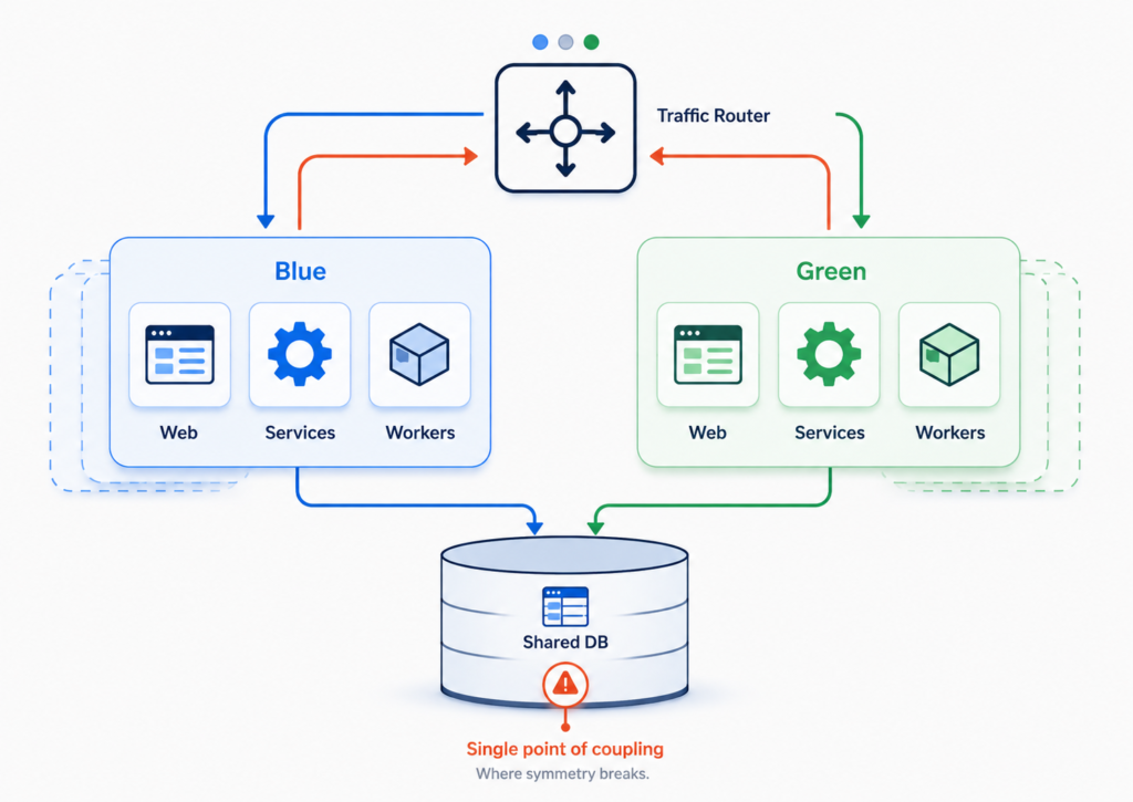 Diagram showing blue and green application environments connected to a traffic router and a single shared database where deployment symmetry breaks.