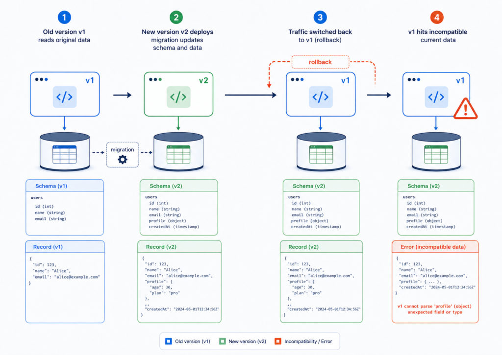 Step-by-step diagram showing an old application version failing after rollback because a newer deployment changed the schema and data format.