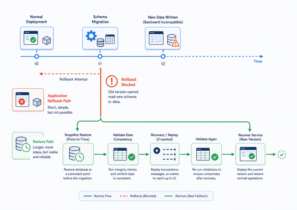 Timeline diagram showing that application rollback is blocked after a schema migration and that recovery must follow a restore path using snapshot recovery and validation.