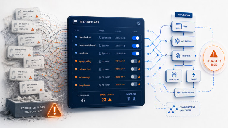 Feature flag dashboard showing expired and ownerless flags accumulating around an application architecture and increasing reliability risk.