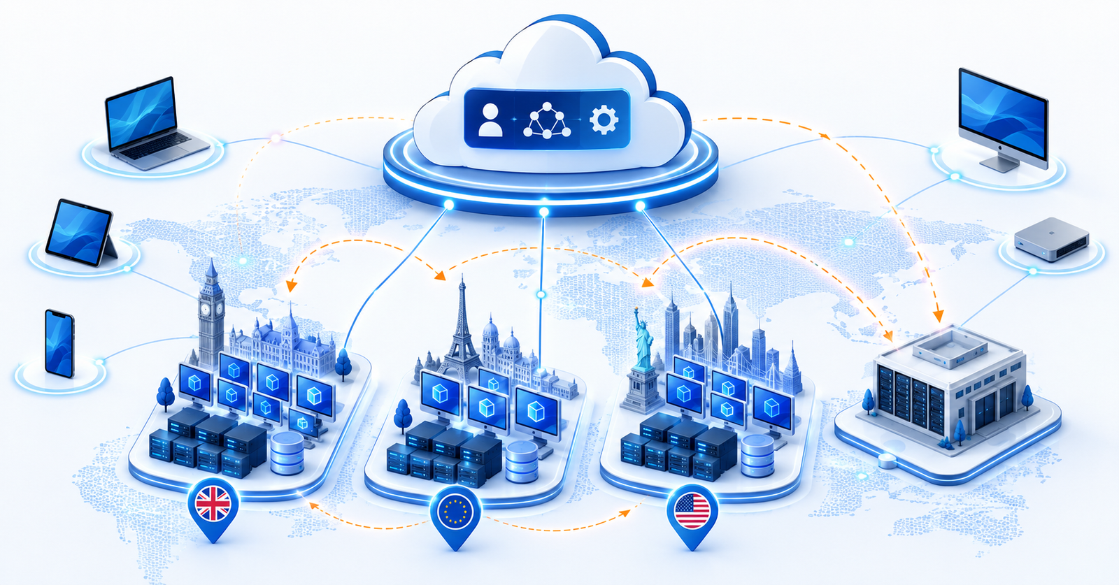 Global Azure Virtual Desktop architecture showing Microsoft-managed control plane connecting users to UK, Europe, US, and hybrid environments