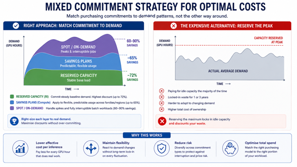 Azure GPU demand divided between a reserved baseline, Savings Plan capacity and Spot or on-demand peaks, compared with reserving maximum demand.