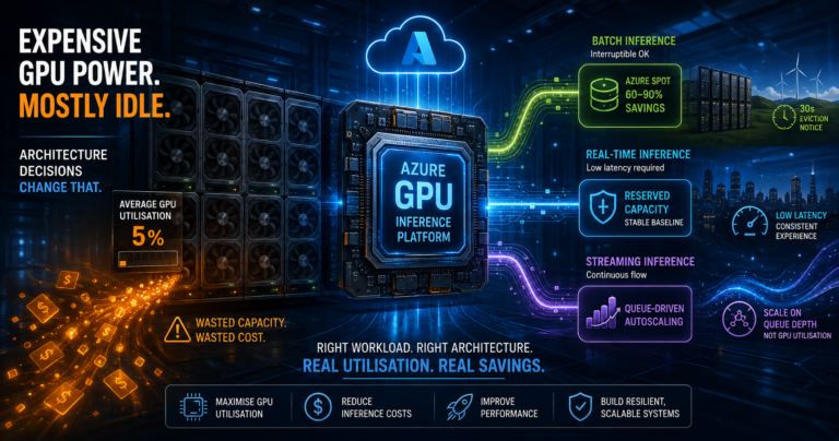 Azure GPU infrastructure showing mostly idle capacity split into batch, real-time and streaming inference paths.
