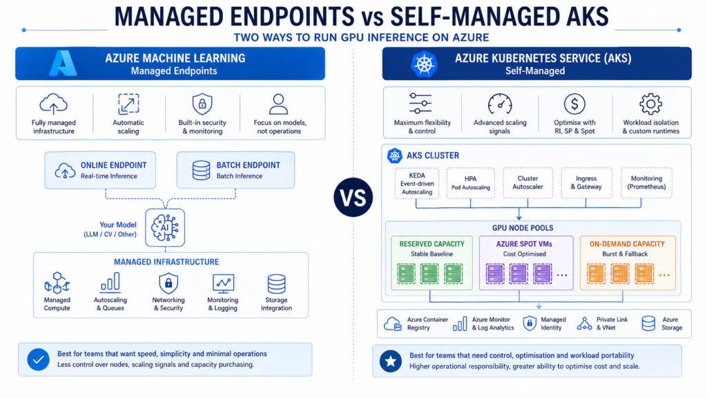 Comparison of Azure Machine Learning managed endpoints and self-managed AKS GPU infrastructure using reserved, Spot and on-demand capacity.