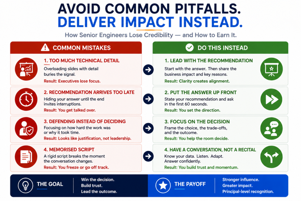 Comparison of common executive presentation mistakes against recommended best practices including recommendation-first communication and business-focused discussion.