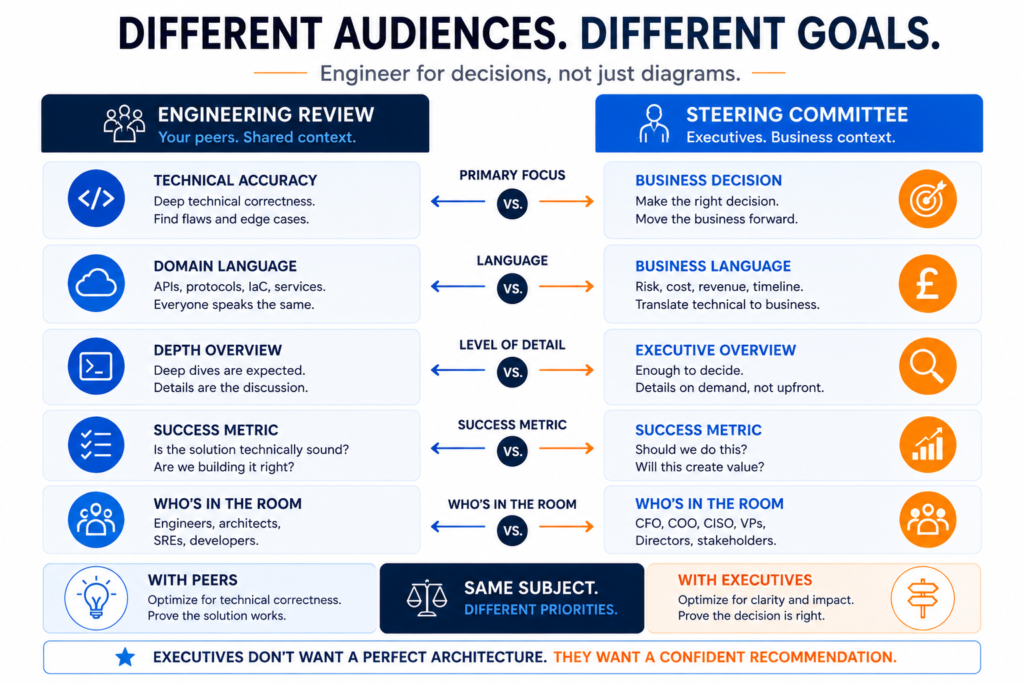 Infographic comparing engineering design reviews with executive steering committee presentations and the different priorities of each audience.