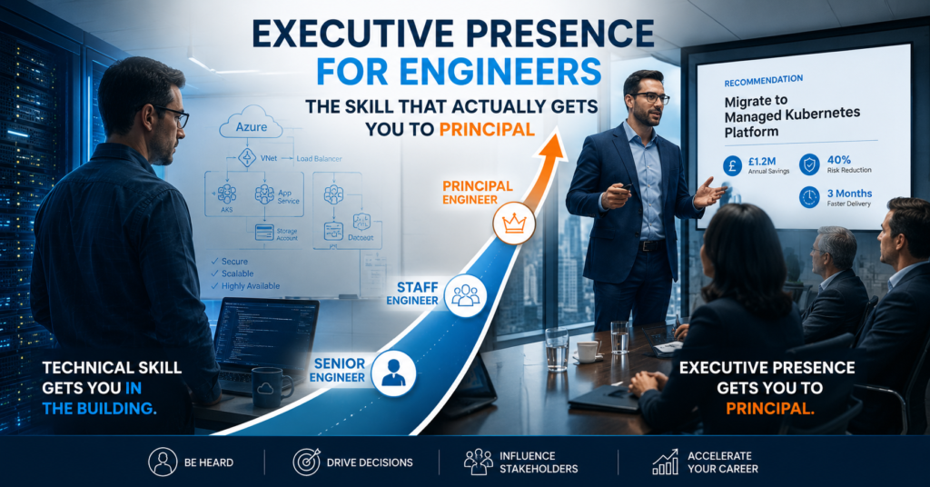 Senior cloud engineer transitioning from technical architecture work into confidently presenting strategy to executives in a modern boardroom, illustrating the journey from Senior Engineer to Principal.