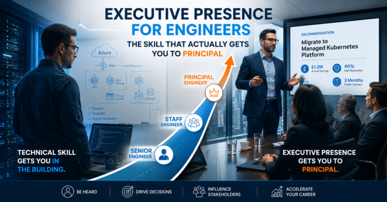 Senior cloud engineer transitioning from technical architecture work into confidently presenting strategy to executives in a modern boardroom, illustrating the journey from Senior Engineer to Principal.