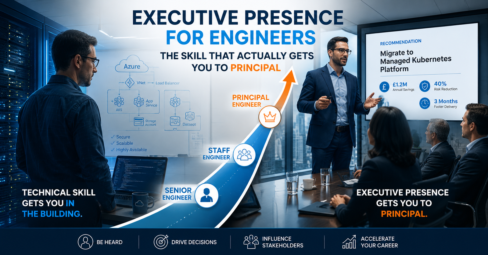 Senior cloud engineer transitioning from technical architecture work into confidently presenting strategy to executives in a modern boardroom, illustrating the journey from Senior Engineer to Principal.
